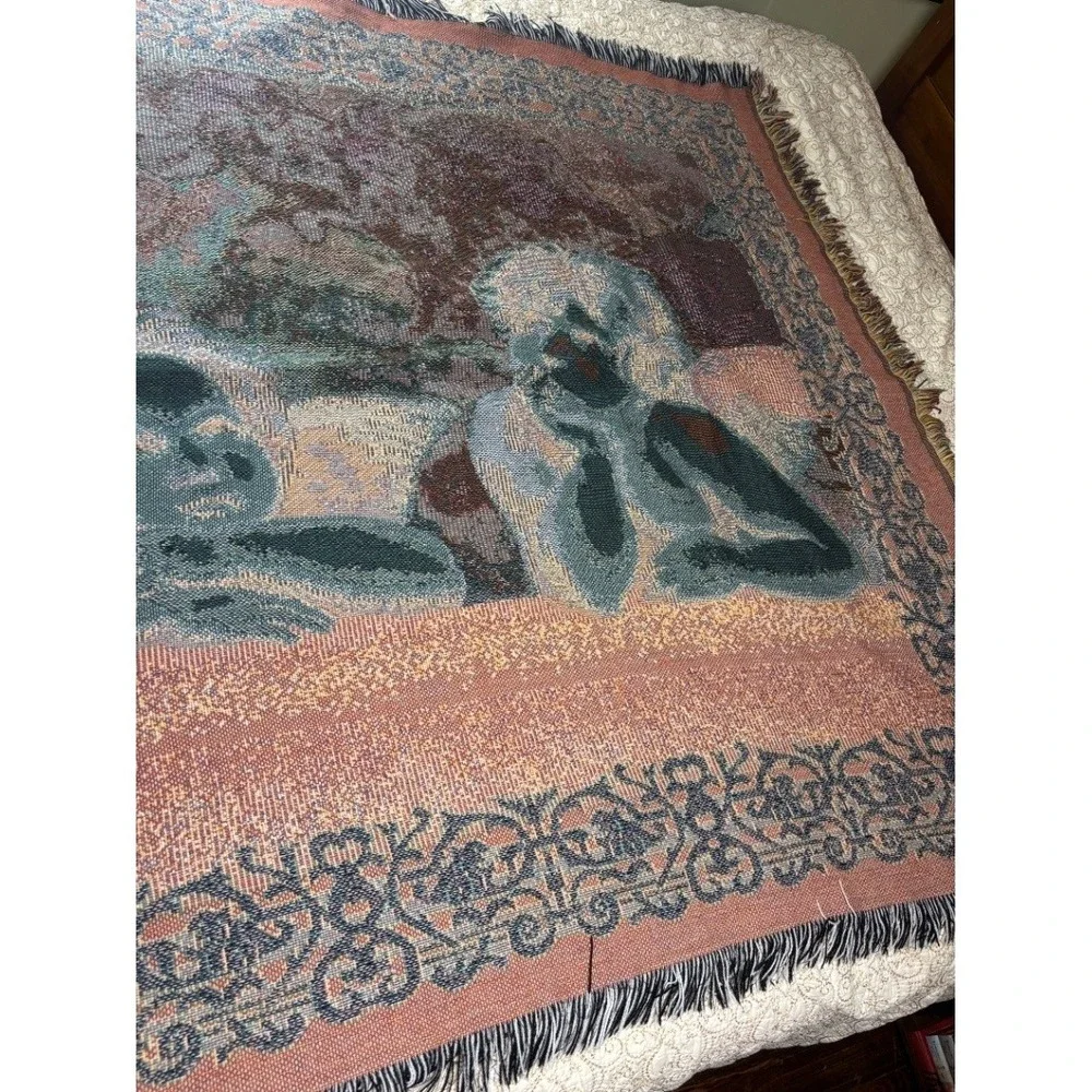 Vintage Raphael Cherub Woven Tapestry Throw Blanket Multicolor Fringed EUC